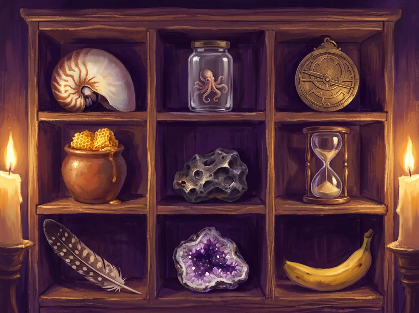 An antique wooden cabinet with nine square compartments holding a nautilus shell, a tiny octopus in a jar, a brass astrolabe, a pot of honeycomb, a pitted meteorite, an hourglass, a spotted feather, an amethyst geode and a banana, lit by two candles.