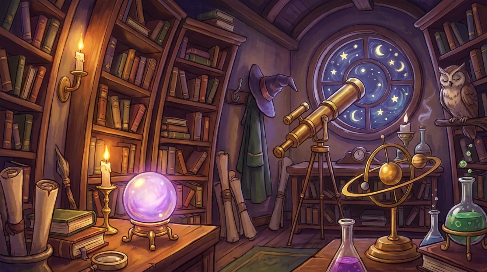 A cozy wizard's study at night: crooked bookshelves, a glowing violet crystal ball on a brass stand, a brass telescope aimed at a round starry window, an orrery, bubbling flasks, a pointed hat on a hook and an owl dozing on a perch.